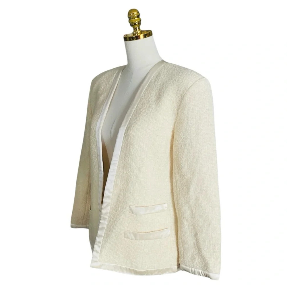 ALBERT NIPON | Women’s Cream Tweed with Ribbon Trim Open Blazer Jacket Size 10 - Picture 3 of 7